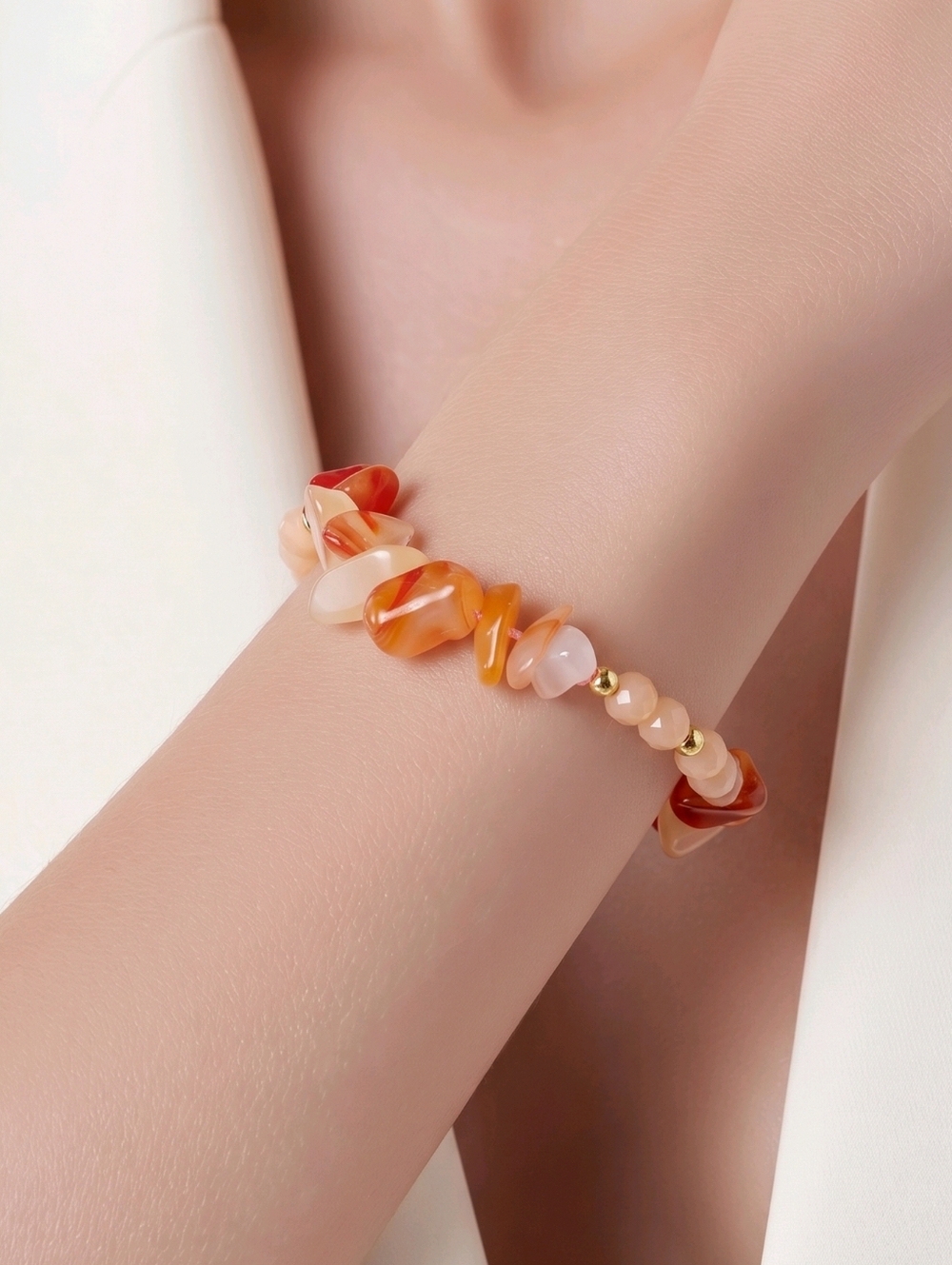 Peach Carnelian Agate Chip Bracelet Faceted Beads Adjustable Cord Healing Stone